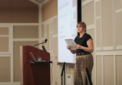 Jordyn Purvins speaking at a contractor training