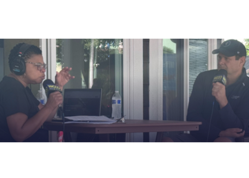 two people talking on a podcast